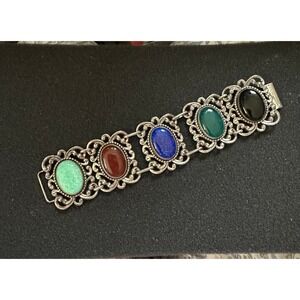 Vintage Danecraft Sterling. & Multi Colored Stone Paneled Bracelet